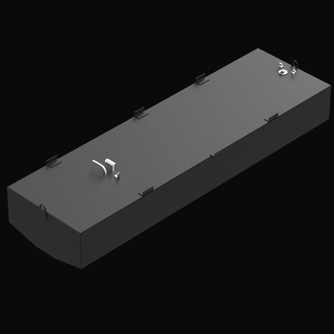 OEM replacement belly fuel tank for a 1998 Mako 241 boat with a 185.5-gallon net capacity. The tank is black with multiple welded mounting tabs along the sides and features top-mounted fittings including a fill neck, vent, sender unit, and dual fuel pickups