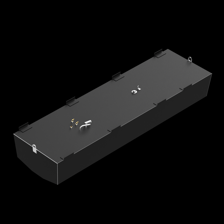 Mako 261 1987 - (213 gal. gross) OEM Replacement Belly Fuel Tank. The image shows a dark grey, elongated rectangular fuel tank with multiple golden colored fittings and white pipes on its top surface. There are also several black L-shaped brackets around the edges of the top surface, and a D-ring on one end. The bottom of the tank appears to be rounded