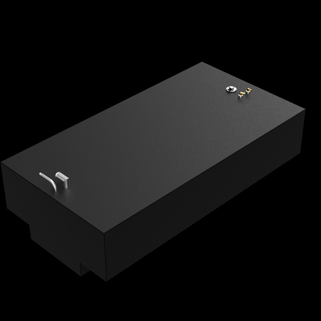 An OEM replacement fuel tank for a 1999 Robalo 2704, with a 164-gallon capacity. The tank is black, rectangular, and features a lower, stepped section along one of its longer sides. Silver-colored fuel line connections and a circular fitting are visible on the top surface. The image is set against a plain black background