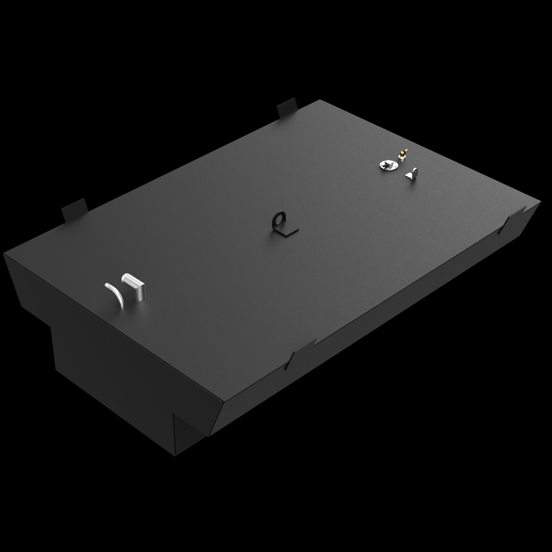 A sleek black rectangular fuel tank with a flat top surface. The tank has angled edges on one side and several small fittings and mounts on top. There is a metal loop bracket in the center, a curved pipe fitting on the left, and a cluster of three fittings on the right. The tank appears sturdy and well-constructed, with a matte finish and no visible text or logos