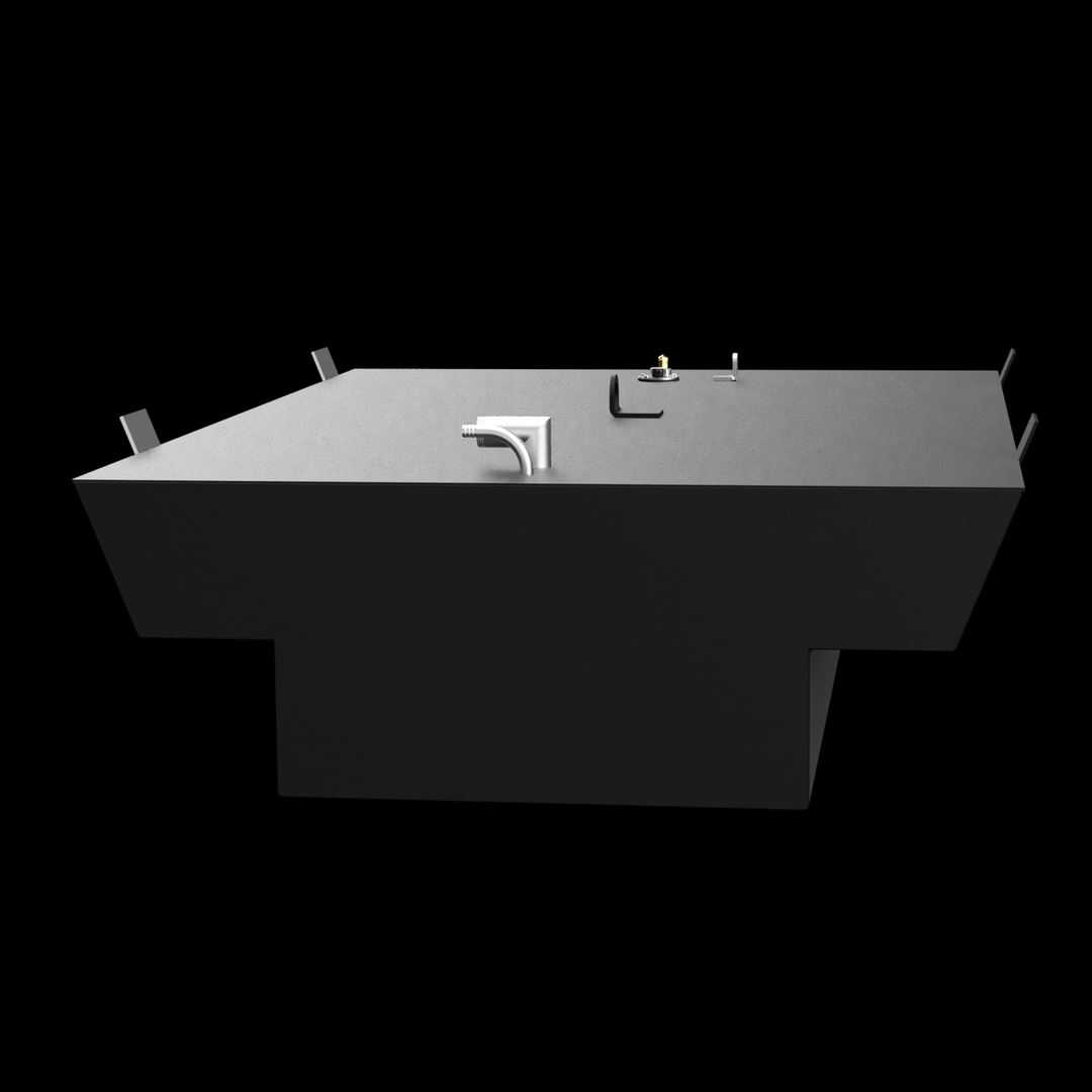 A black, T-shaped fuel tank viewed from an elevated front angle. The tank has a flat top with a matte finish and several small fittings arranged along its surface, including a white curved pipe on the left and various small metal connectors and mounts near the center and right. The edges of the tank are clean and sharp, with mounting brackets extending upward from the corners. The overall design suggests a sturdy, custom-built tank for marine use