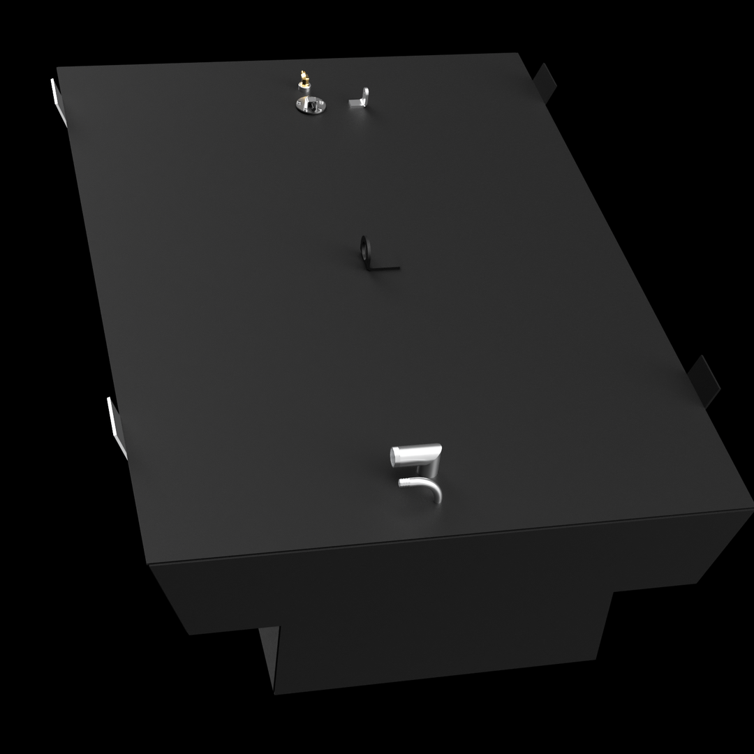 A large black marine fuel tank shaped like a "T," viewed from an elevated front angle against a black background. The tank’s flat top surface features various fittings including a small white pipe in the foreground, two brass connectors near a circular metal plate, a small upright tab, and a central black mounting bracket. The tank edges are clean and sharp, with mounting tabs protruding upward at the corners