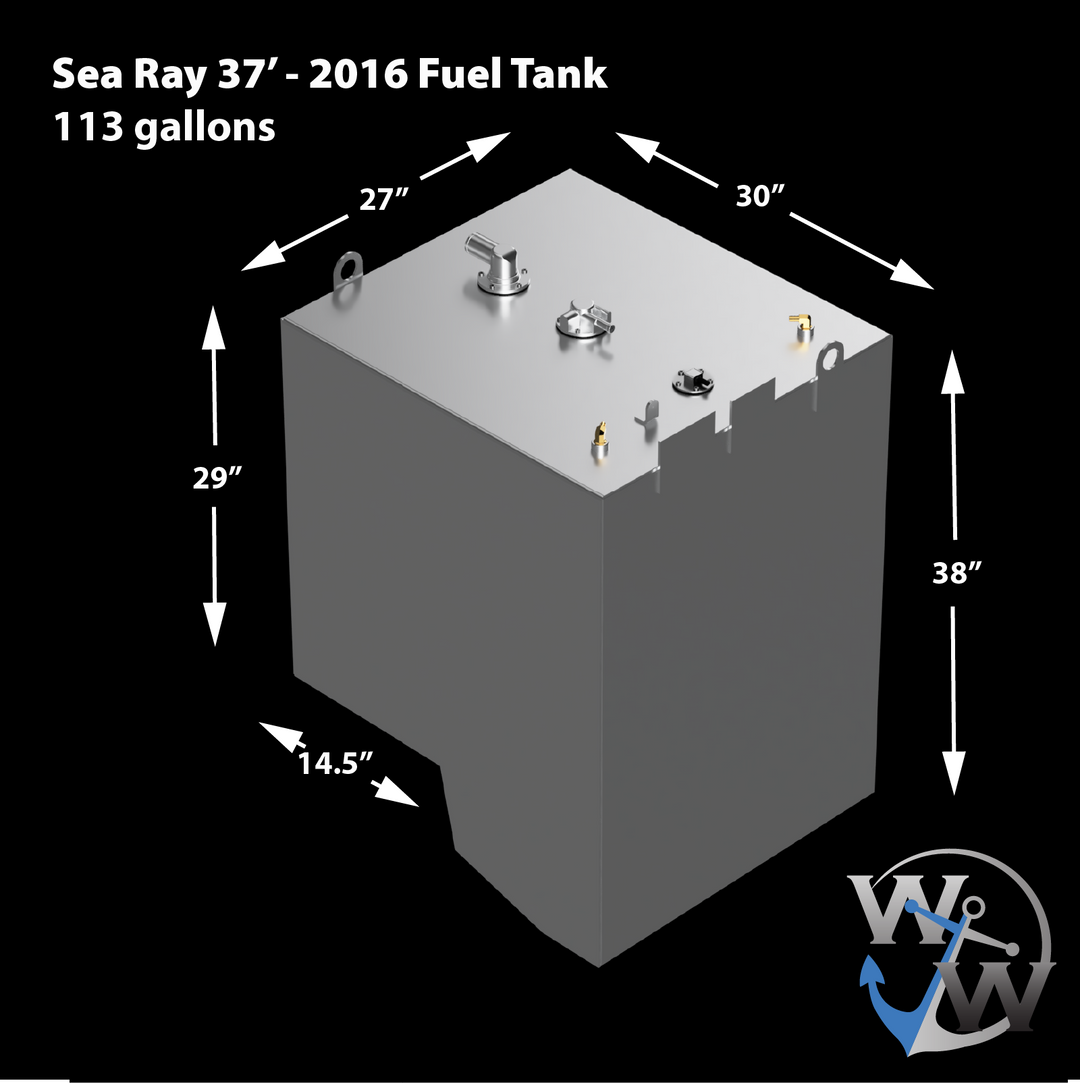  3D rendering of a metallic fuel tank for a 2016 Sea Ray 37' boat, labeled as 113 gallons capacity. The tank features multiple fittings and lifting rings on top, with white arrows indicating dimensions: 30 inches wide, 27 inches deep, 29 inches tall on one side, 38 inches tall on the other side, and a 14.5-inch extension at the base. The image includes the VVWW anchor logo and white text displaying specifications on a black background