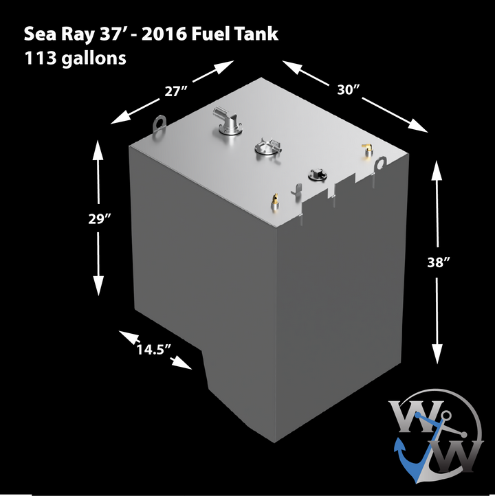 3D rendering of a metallic fuel tank for a 2016 Sea Ray 37' boat, labeled as 113 gallons capacity. The tank features multiple fittings and lifting rings on top, with white arrows indicating dimensions: 30 inches wide, 27 inches deep, 29 inches tall on one side, 38 inches tall on the other side, and a 14.5-inch extension at the base. The image includes the VVWW anchor logo and white text displaying specifications on a black background